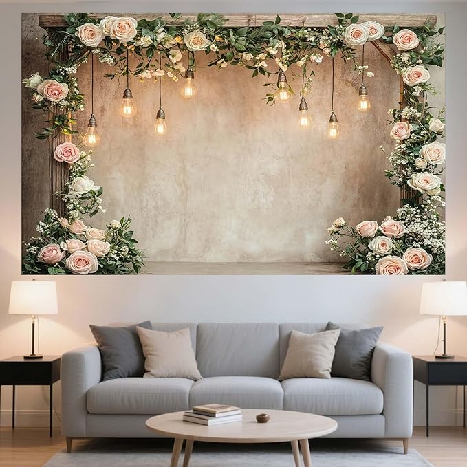 7x5ft Country Wedding Photography Backdrop Floral Rustic Roses Farmhouse Wooden Door Backdrop Pink Flower Birthday Baby Shower Wedding Bridal Party Banner Photo Booth Props Anniversary Background