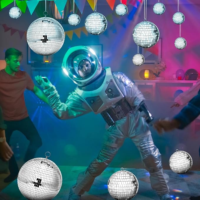 Funtery 100 Pcs Mirror Disco Balls Bulk Assorted Silver Hanging Disco Ball Decor for Home Wedding Birthday Dance Music 70 S Theme Party Christmas Tree Ornaments(0.8'',1.6'',2.4'',3.2'',4'',8'')