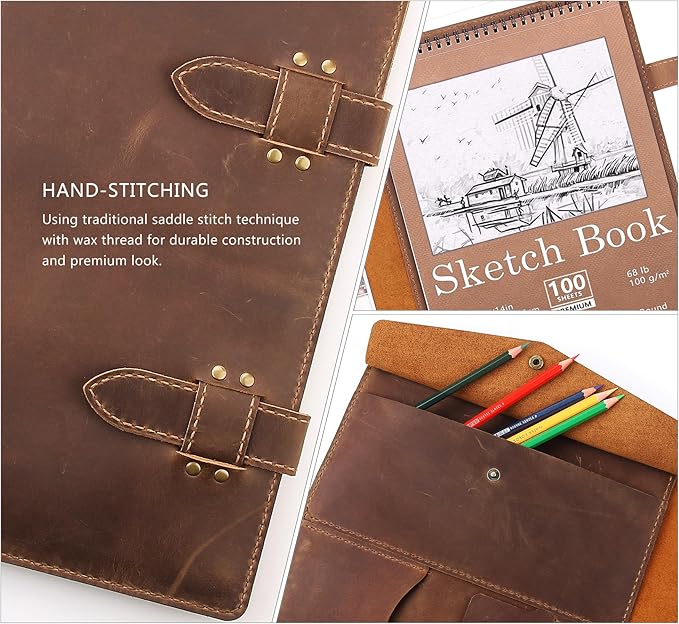 Robrasim Handmade Leather Sketchbook Cover, Artist Sketch Pad Holder for 11"X14" Top Spiral Bound Sketchbook, Drawing Book Pencil Case, Journal Portfolio with Shoulder Strap, Artist Gifts,Brown