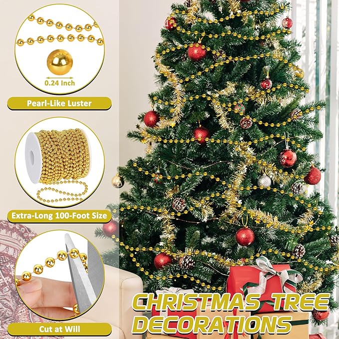 100 Feet Christmas Tree Beads, Christmas Tree Garland Decoration, Plastic Hanging Beads Garland Chain Roll for Xmas Home Mantle Fireplace Wreath Xmas Tree DIY Decoration Supplies