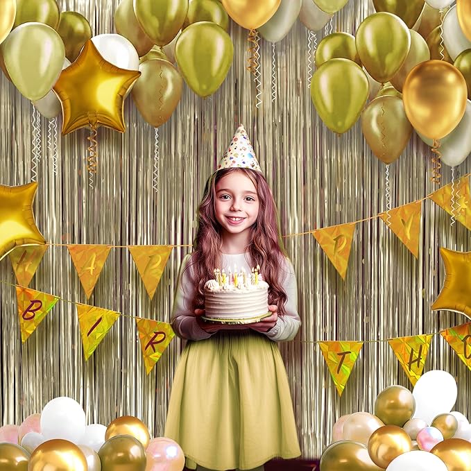 2 Pack Metallic Champagne Gold Fringe Backdrop, 3.2x8.2ft Shining Foil Tinsel Curtains, Birthday Party Decorations Door Streamers for Halloween, Christmas, Wedding, Graduation, Holiday, Theme Events