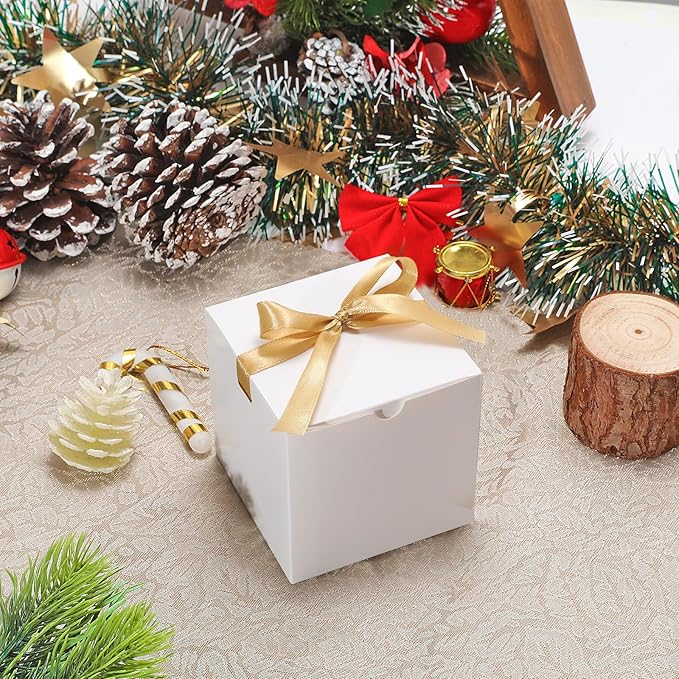 DOYIDE Small Gift Boxes, 60 Pcs 4x4x4 Inch White Elegant Paper Box with Ribbons, Party Favor Boxes for Candy Cupcake Christmas Wedding Baby Shower Bridesmaids Birthday