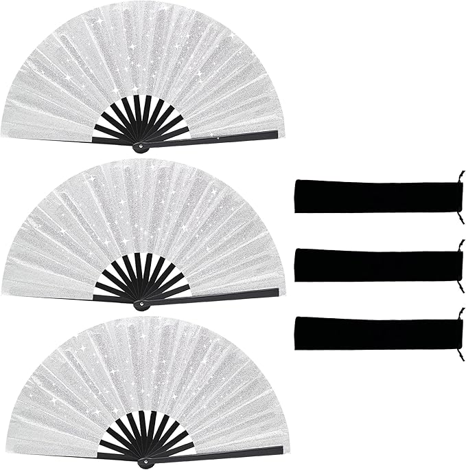 Glitter bling Large Folding Fan-Hand Fan Rave Clack Popping Fan for Line Dancing Clacking Fans for Boots On The Ground Dance, Party for EDM, Music Festival, Hot Flashes, Party, Decoration(3pcs silver)