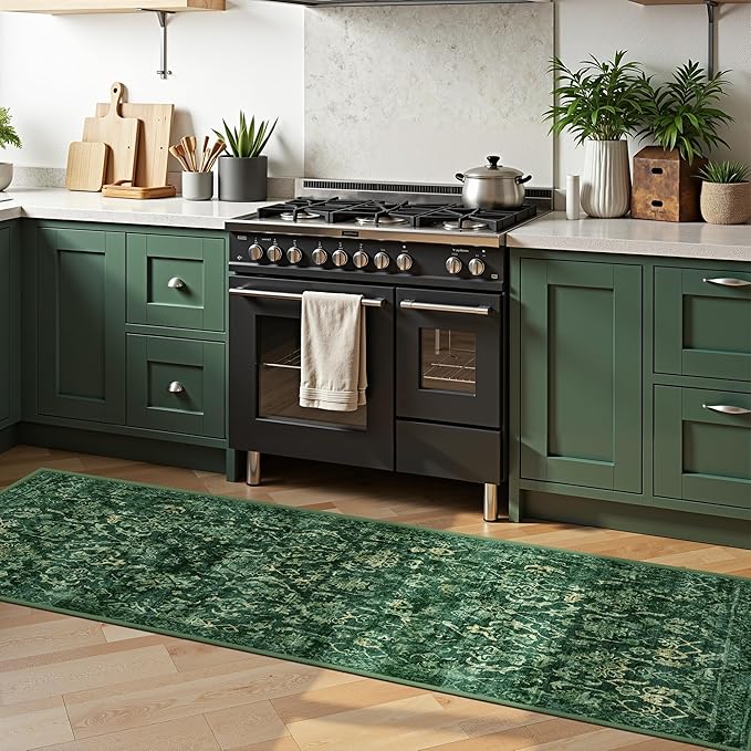 Dark Green 3x7 Runner Rug for Hallways Bed Side Kitchen, Boho Washable Distressed Low-Pile Floor Entryway Long Bathroom Mat, Non-Slip Laundry Room Washstand Front Carpet Green 36x84 Inch