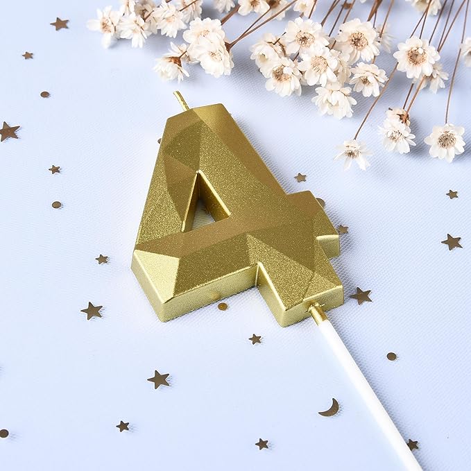 PHD CAKE 2.76 Inch Crystal Gold 4 Number Birthday Candles, Gold Number Candles, Cake Number Candles, Party Celebration