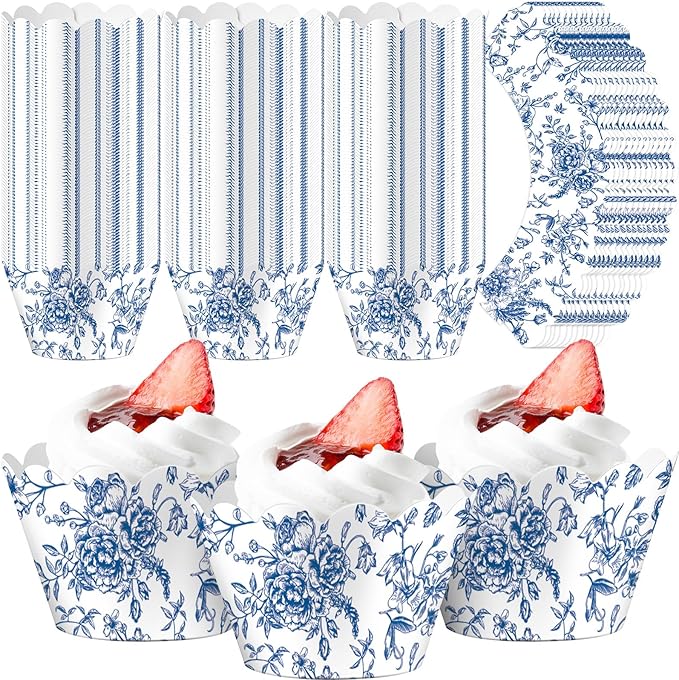 Domensi 100 Pcs Blue Floral Cupcake Wrappers Rustic Cupcake Liners Baking Cups Baking Liners for Wedding Bridal Baby Shower Birthday Party Supplies Dessert Decoration, Blue