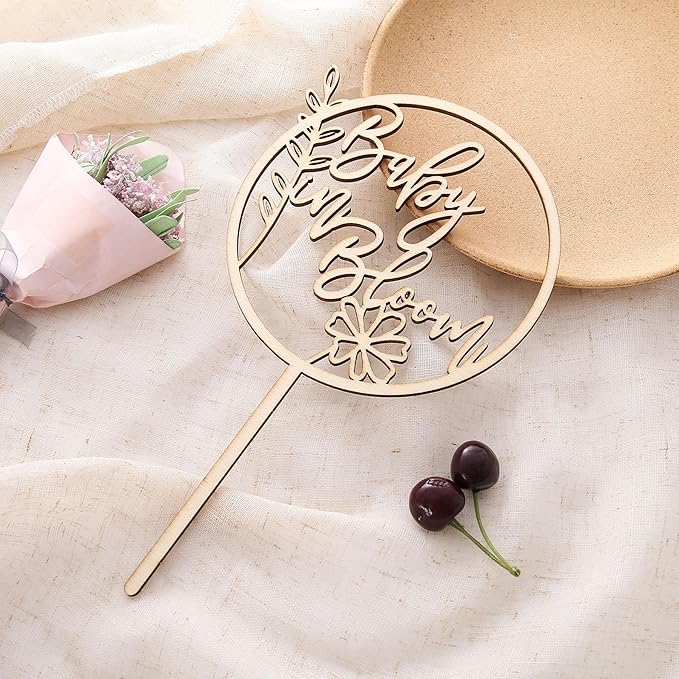 Baby in Bloom Wood Cake Topper - Baby Shower and Gender Reveal Wooden Cake Sign Decoration Photo Props