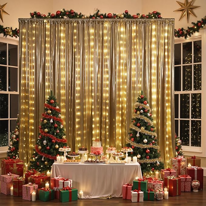 PartyVillage 30x10FT Champagne Gold Sequin Backdrop Curtain with String Lights – 6 Panels 5x10FT Sparkly Wrinkle-Free Glitter Backdrop Drapes for Wedding, Birthday, Photography, Graduation Party Décor