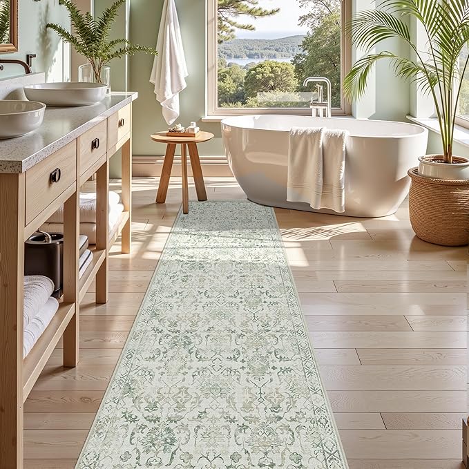 Green 3x12 Runner Rug for Hallways Bed Side Kitchen, Boho Washable Distressed Low-Pile Floor Entryway Long Bathroom Mat, Non-Slip Laundry Room Washstand Front Carpet Green 36x144 Inch
