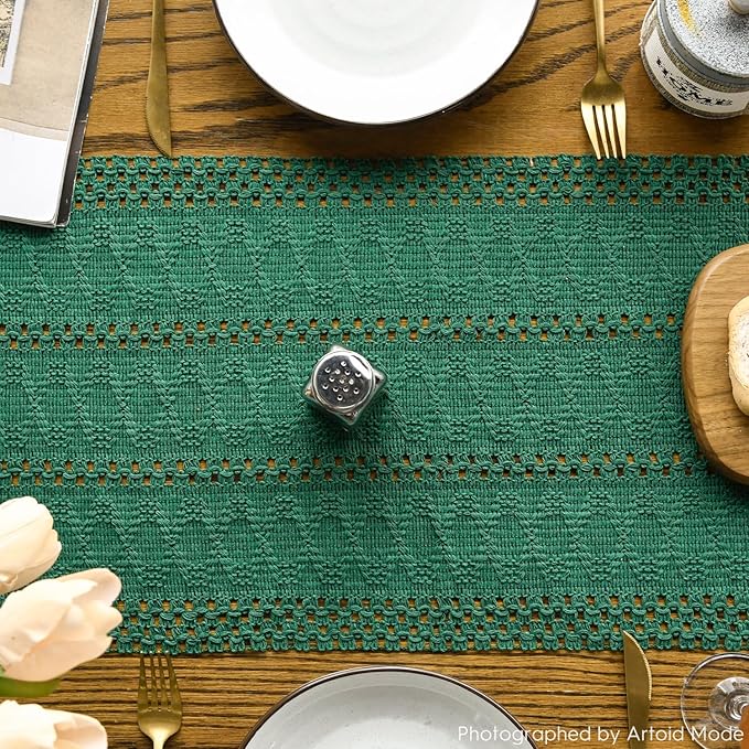 Artoid Mode Dark Green Farmhouse Woven Rustic Hollow Table Runner, Seasonal Holiday Hollow Kitchen Dining Table Decoration for Home Party Decor 12x48 Inch
