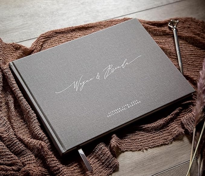 MUUJEE Personalized Guestbook in Gray - Premium Custom Modern Guest Book for Wedding Reception, Birthday Party or Events w/Bookmark Blank Pages for Signing 11.5 x 8.5 inches