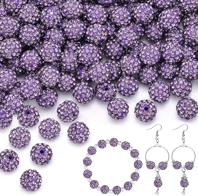 150 pcs 10mm Rhinestone Beads for Jewelry Making, Purple Shiny Round Shamballa Disco Beads Bulk, Sparkle Crystal Clay Christmas for Bracelet Baseball Necklace Earring Crafting and DIY