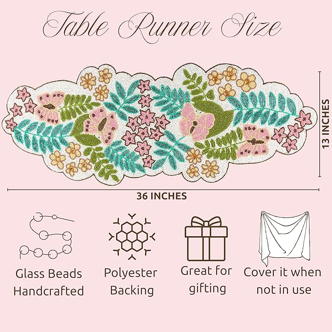 Handmade Beaded Table Runner -35 Inch Spring Floral Runner with Butterflies, Pink Flowers, and Green Leaves -Pastel Table Decor for Easter, Dining Room, Entryway, or Garden Party (Multi) - CLEENTABLE