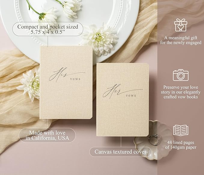 Slim Vow Books (Set of 2 - Design 5) - Soft Cream Canvas Linen Textured Cover Wedding Vow Booklets, Ceremony Speech Promise Notebook Journal, Gift for Newly Engaged Couple, 48 Lined Pages, 5.75" x 4"