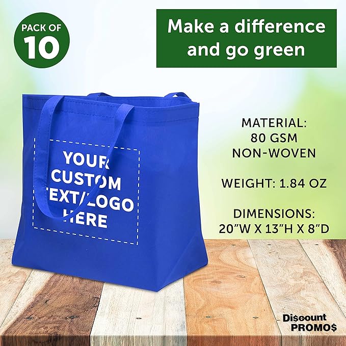 DISCOUNT PROMOS Custom Southern Style Grocery Tote Bags Set of 10 - Personalized Bulk Pack, Reusable Grocery & Shopping Bags - Great for Travel, Carry on Bag, Business Promotions - Blue - 20"X13"X8"