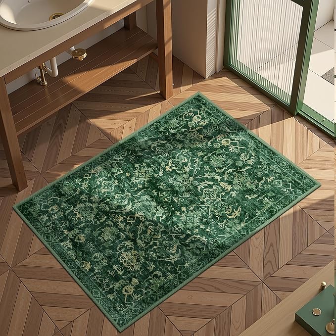 Dark Green Area Rug 2x3 Entryway Rug for Bedroom Bathroom, Non-Slip Low-Pile Washable Distressed Boho Carpet Retro Accent Doormat for Laundry Room Hallway Kitchen 24x36 Inch