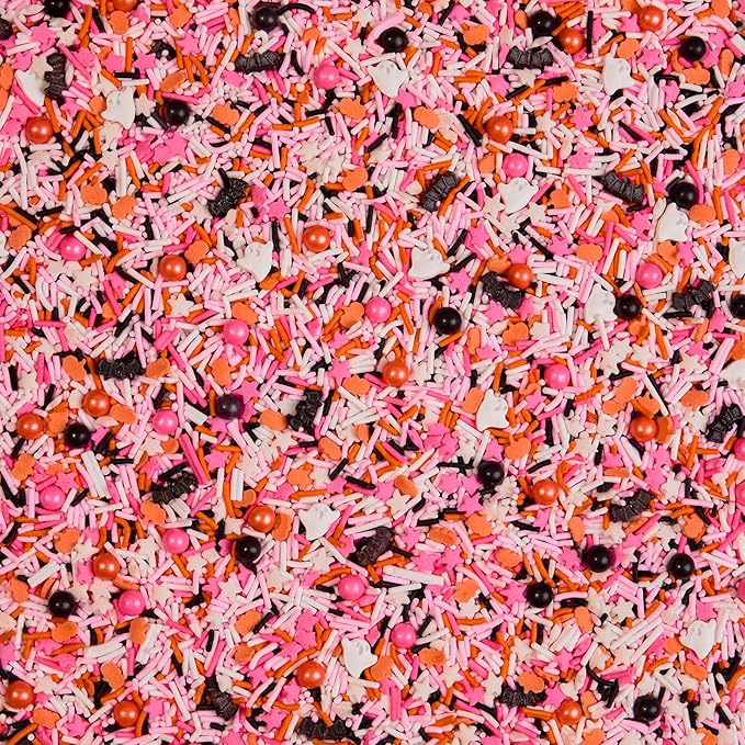 Fancy Sprinkles Limited Edition Halloween Glam Reaper Sprinkles Pink, Orange, Black, and White Crunchy Jimmies Candy Pearls, Bats and Pumpkins (0.5c)