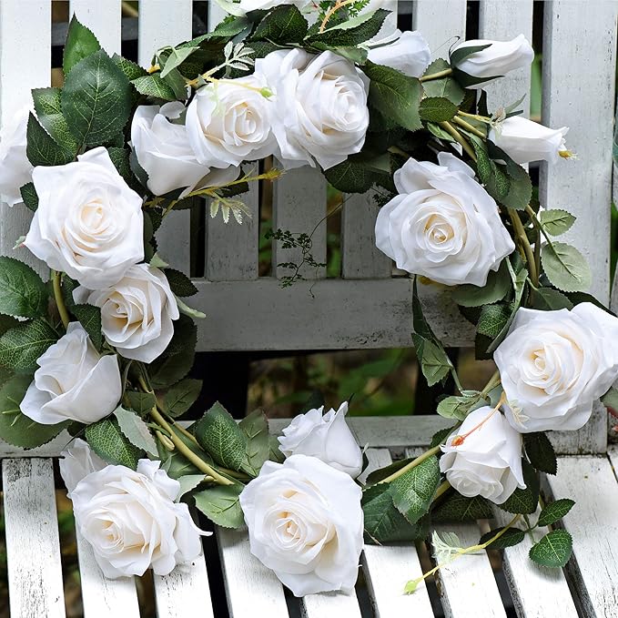FiveSeasonStuff Floral White Artificial Silk Roses Flower Garland, Bendable Hanging Vine (2pcs, 11ft)