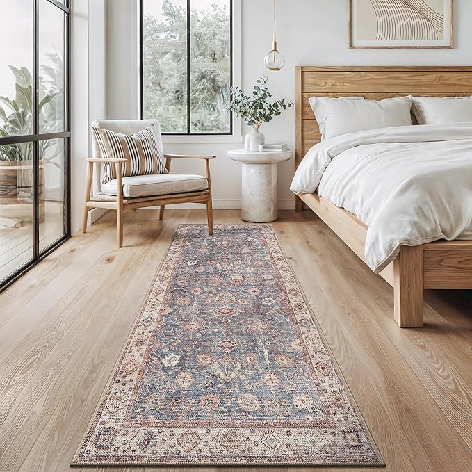 Bloom Rugs Washable Non-Slip 12 ft Runner - Beige/Blue Traditional Bordered Runner for Entryway, Hallway, Bathroom, and Kitchen - Exact Size: 2.5' x 12'