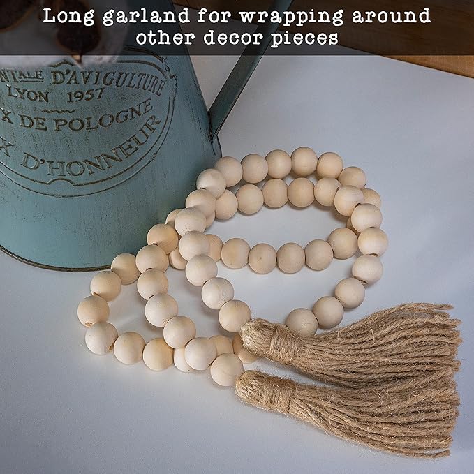 Decorative Wood Bead Garland Home Decor, Farmhouse Garland Beads with Tassel, Wooden Tier Tray Rustic Prayer Boho, Wooden Farmhouse Decor Boho Tassel