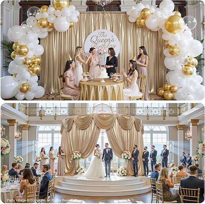 PartyVillage 20x10FT Champagne Gold Sequin Backdrop Curtain -4 Panels 5x10FT Wrinkle Free Shimmer Back Drop Cloth, Glitter Backdrop Drapes for Photography, Birthday, Wedding, Graduation Background