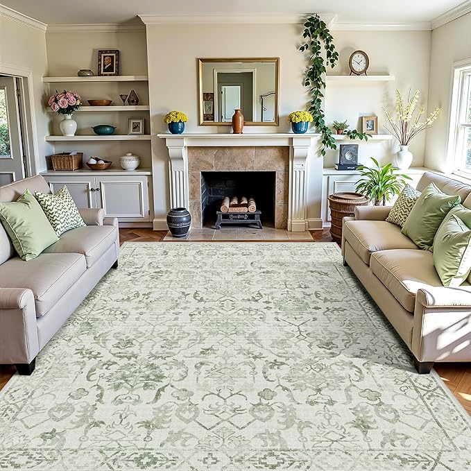 Sage Neutral Large Area Rug 9x12 for Living Room, Washable Rug for Dining Room Bedroom, Anti-Slip Low-Pile and Soft Accent Rug Farmhouse Office Home Decor Light Green