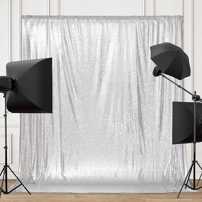 PartyDelight Silver 8FT X 8FT Sparkly Sequin Backdrop Curtains for Wedding Party Room Decorations