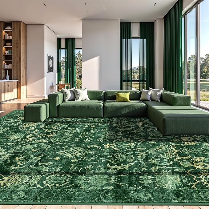 Dark Green Extra Large Area Rug 10x14 for Living Room, Distressed Washable Rug for Dining Room Bedroom, Anti-Slip Low-Pile and Soft Accent Rug Farmhouse Office Home Decor Light Green
