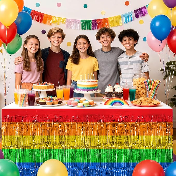 2 Pack Rainbow Table Skirts, 29x108" Metallic Foil Tinsel Fringe Table Skirts for Rectangle Tables Streamer Curtains Backdrop, Party Decorations for Birthdays Weddings Holidays
