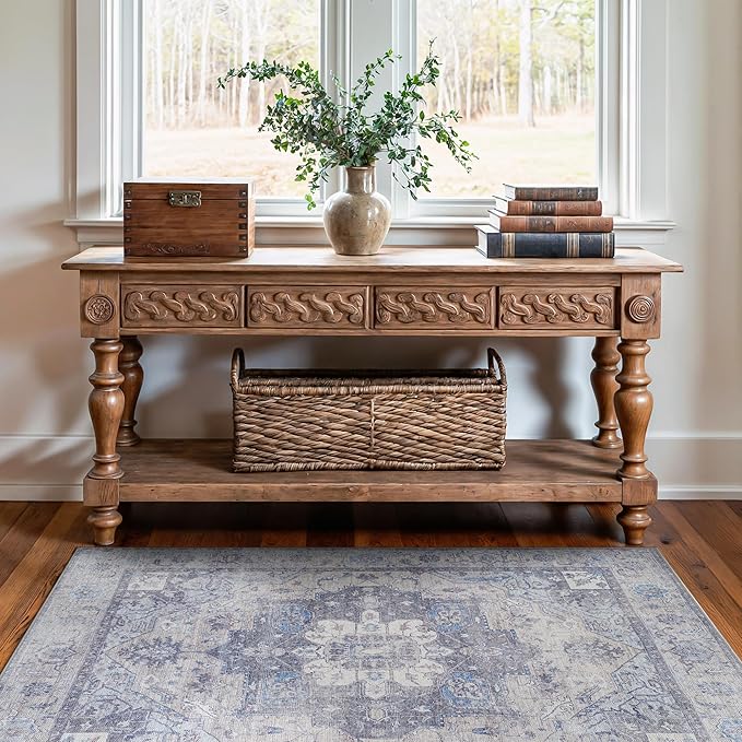 Bloom Rugs Washable Non-Slip 3' x 5' Rug - Blue/Sand Traditional Medallion Area Rug for Living Room, Bedroom, Dining Room, and Kitchen - Exact Size: 3' x 5'