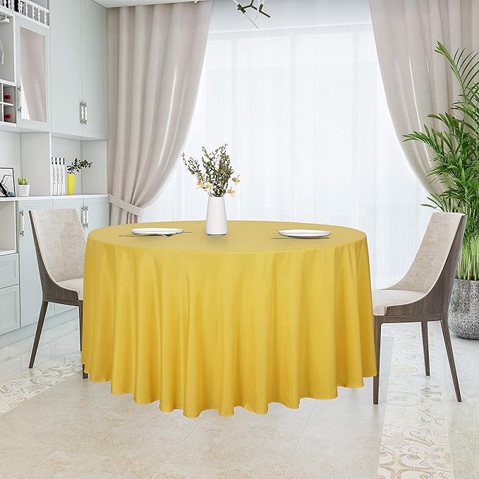 sancua Round Tablecloth - 120 Inch - Water Resistant Spill Proof Washable Polyester Table Cloth Decorative Fabric Table Cover for Dining Tables, Buffet Parties and Camping, Yellow
