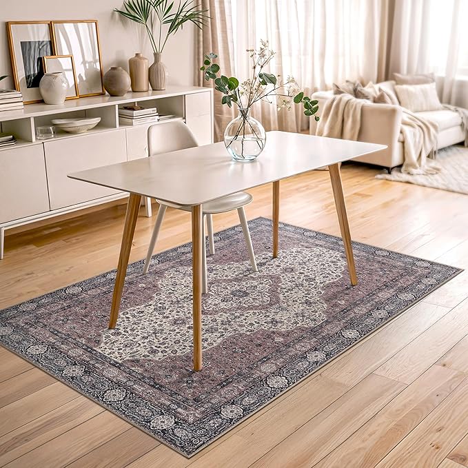 Bloom Rugs Washable Non-Slip 4' x 6' Rug - Cream/Green Traditional Medallion Area Rug for Living Room, Bedroom, Dining Room, and Kitchen - Exact Size: 4' x 6'