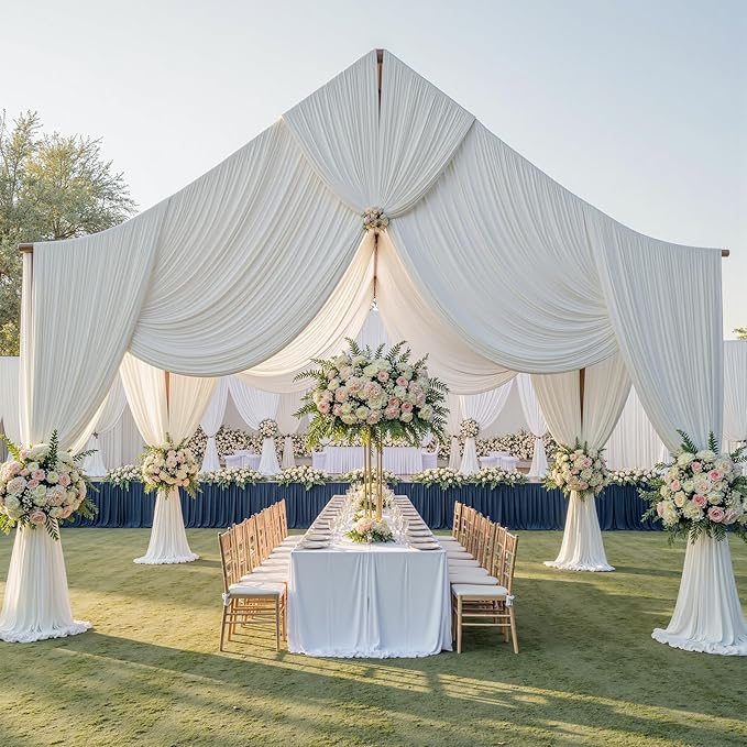 PartyVillage 50ftx40ft Ivory Ceiling Curtain for Wedding Parties – 10 Panels Wrinkle-Free 40 FT Long Tent Draping Curtains for Wedding, Birthday & Theme Parties, 40ft Height with Rod Pocket
