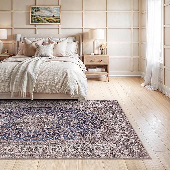 Bloom Rugs Washable Non-Slip 6' x 9' Rug - Dark Blue/Beige Traditional Medallion Area Rug for Living Room, Bedroom, Dining Room, and Kitchen - Exact Size: 6' x 9'
