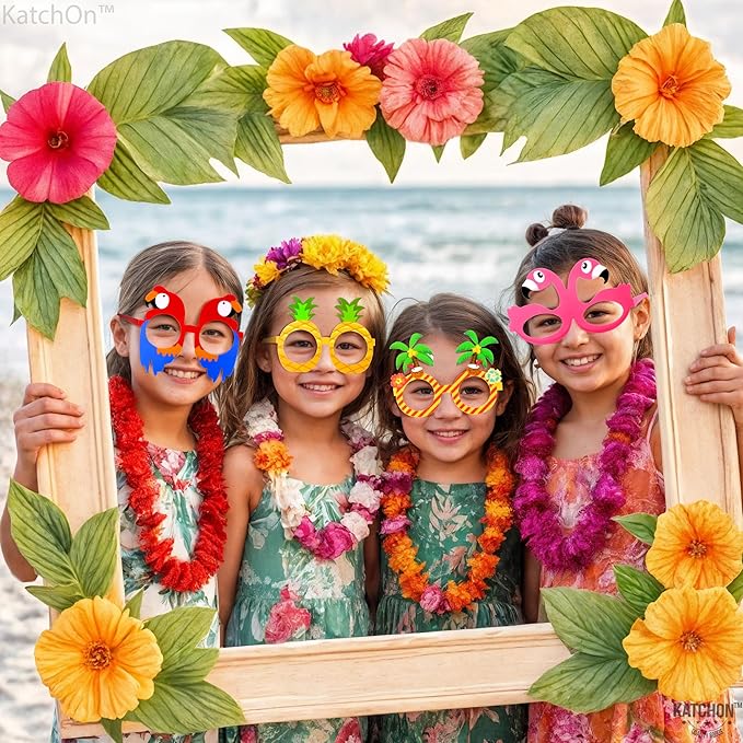 KatchOn, Tropical Hawaiian Photo Booth Props - Pack of 12,Luau Party Decorations | Luau Glasses for Hawaiian Party Decoration | Luau Photo Booth Props, Aloha Party Decoration, Summer Party Decorations