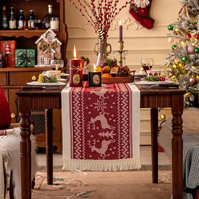 Table Runners 83 Inches,Elk Table Runner with Tassel Fringe,Christmas Table Runner for Party，Coffee Table, Festival