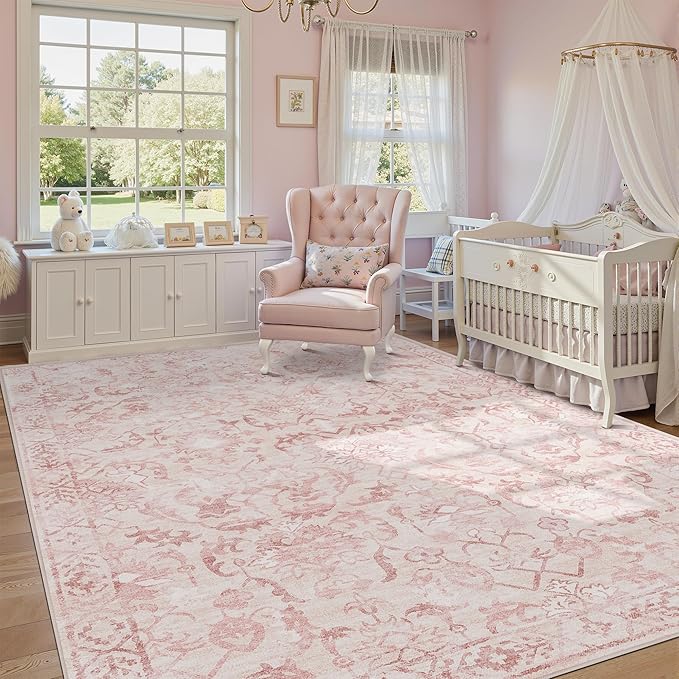 Pink Area Rugs 7x9 for Living Room, Washable Vintage Rugs for Bedroom, Distressed Throw Rug, Non Slip Rug Carpet for Bedroom Dining