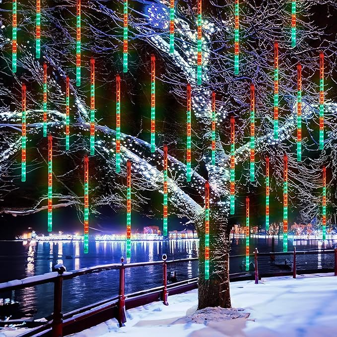 Dazzle Bright Red and Green Christmas Lights, 288 LED 11.8 Inch Meteor Shower Rain Lights with 8 Tubes, Waterproof Plug in Falling Rain Light Christmas Decorations for Xmas Bushes Tree Yard Party