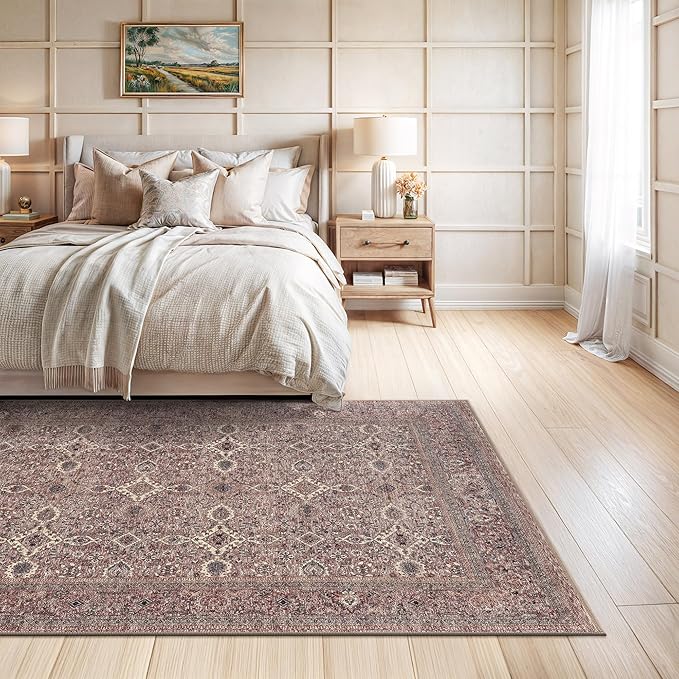 Bloom Rugs Washable Non-Slip 6' x 9' Rug - Beige Traditional Bordered Area Rug for Living Room, Bedroom, Dining Room, and Kitchen - Exact Size: 6' x 9'