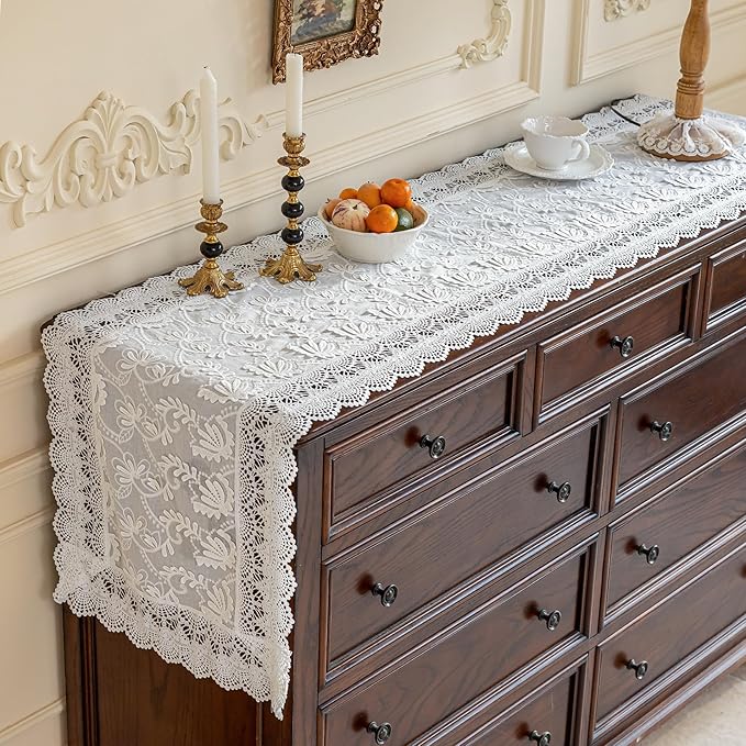 White Elegant Vintage Lace Table Runner,Wedding Lace Decor with Floral Embroidery,Tea Party Decor (White, 13.8X63 Inches)