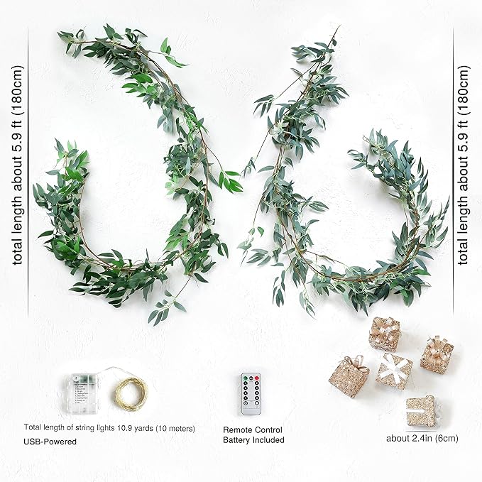 Artificial Willow Garland with Lights & Ornaments – 2-Pack Lighted Greenery Vine, Battery Fairy Lights with Remote & Timer for Mantels, Weddings, Fireplace, Holidays, Parties & Everyday Home Decor