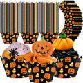 Domensi 100 Pcs Halloween Pumpkin Cupcake Wrappers Rustic Cupcake Liners Pumpkin Candy Corn Baking Cups Baking Liners for Wedding Bridal Baby Shower Birthday Halloween Party Supplies Dessert Decors