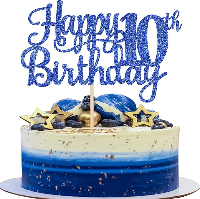 1 PCS Happy 10th Birthday Cake Topper Glitter Cheers to 10 Years Birthday Cake Pick 10 Fabulous Double Digits Cake Decoration for Happy 10th Birthday Theme Party Decorations Supplies Blue