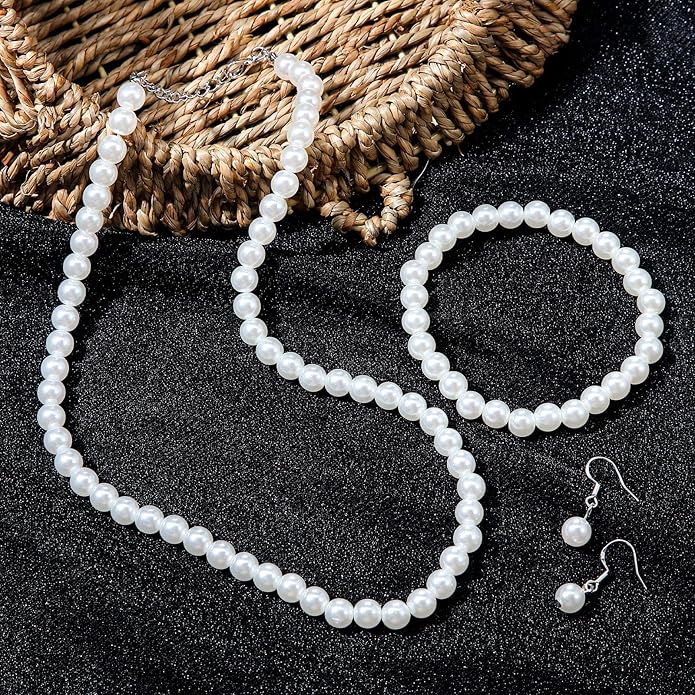 4 Pcs 1920s Faux Pearl Costume Jewelry Set for Women Halloween Simulated Necklace Bracelet Earrings for Wedding
