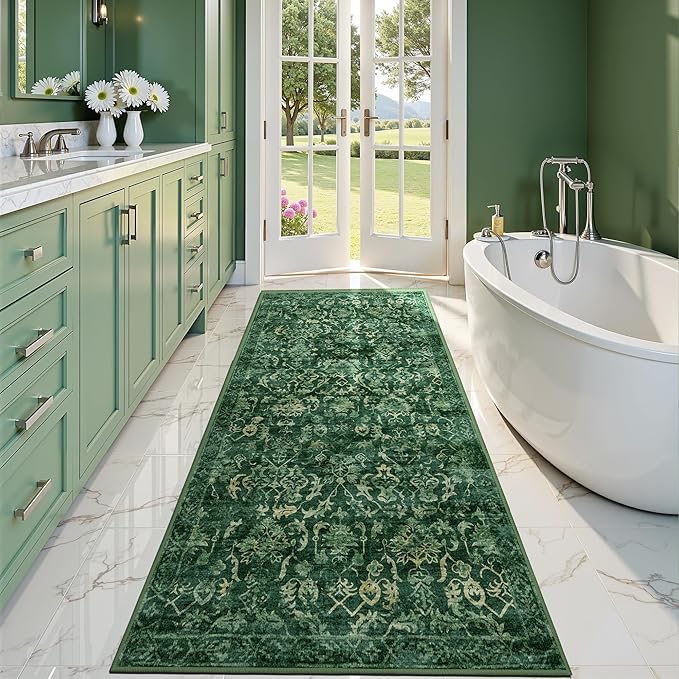 Dark Green 3x7 Runner Rug for Hallways Bed Side Kitchen, Boho Washable Distressed Low-Pile Floor Entryway Long Bathroom Mat, Non-Slip Laundry Room Washstand Front Carpet Green 36x84 Inch