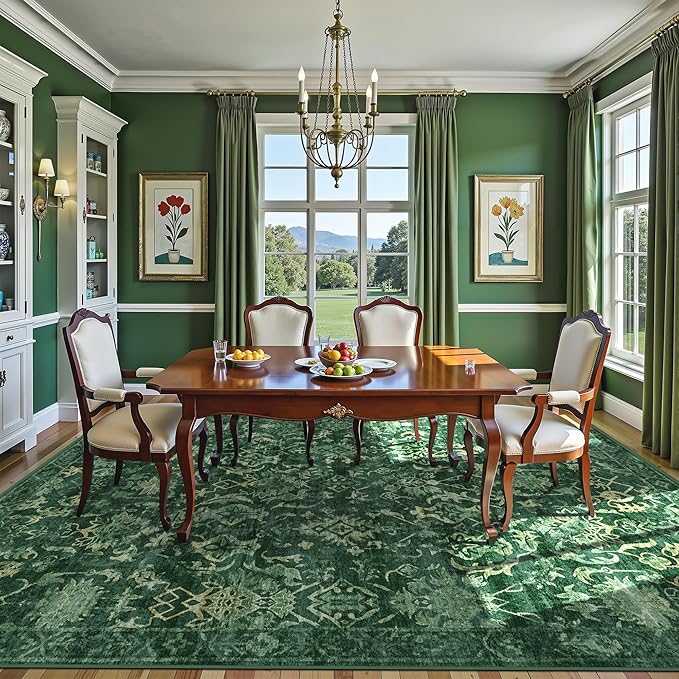 Dark Green Extra Large Area Rug 10x14 for Living Room, Distressed Washable Rug for Dining Room Bedroom, Anti-Slip Low-Pile and Soft Accent Rug Farmhouse Office Home Decor Light Green