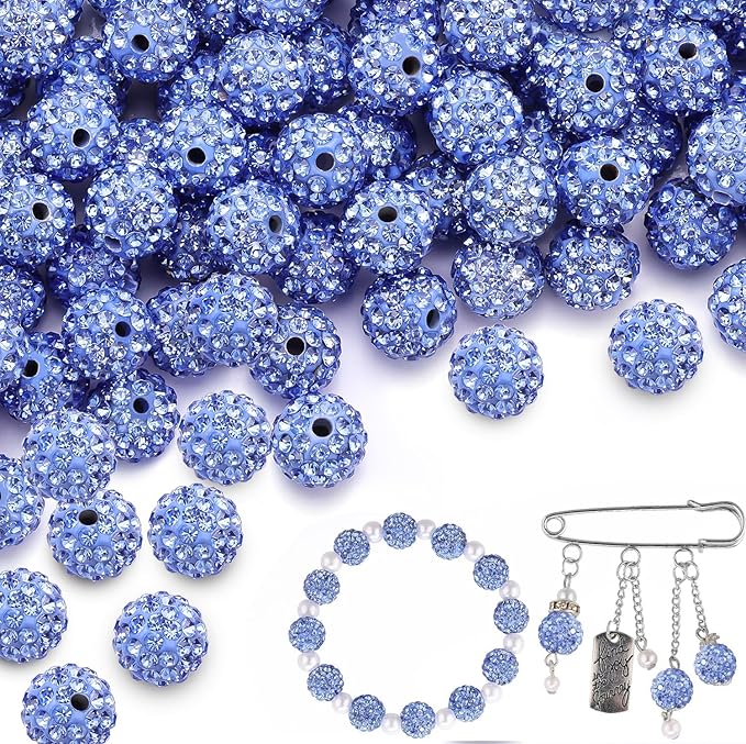 100 pcs 10mm Rhinestone Beads for Jewelry Making, Light Blue Shiny Round Shamballa Disco Beads Bulk, Sparkle Crystal Clay Christmas for Bracelet Baseball Necklace Earring Crafting and DIY