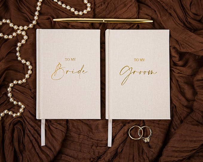 MUUJEE Hard Cover Vow Books (Set of 2) - Foil Embossed Wedding Ceremony Vow Renewal Speech Books, Couple Gifts for Engagement (To My Bride/Groom)