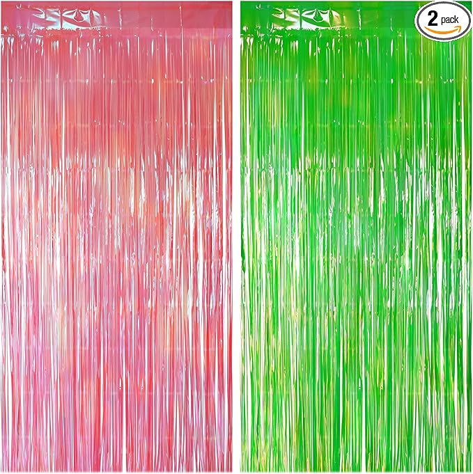 2 Pack Pink & Green Party Streamers Backdrop Curtains, 3.3x8.2ft Holographic Tinsel Foil Curtain Photo Booth Props for Birthday, Wedding, Holiday Celebration, Bachelorette, Theme Decorations