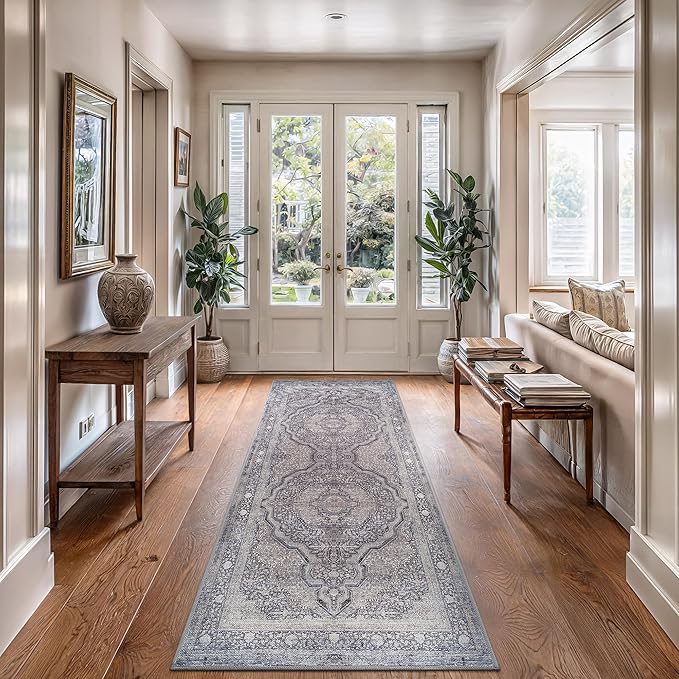 Bloom Rugs Washable Non-Slip 12 ft Runner - Blue/Steel Gray/Beige Traditional Medallion Runner for Entryway, Hallway, Bathroom, and Kitchen - Exact Size: 2.5' x 12'